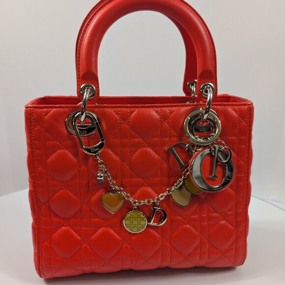 Dior Lady Dior Bright Red-Orange Quilted Lambskin and Charm - Picture 1 of 16